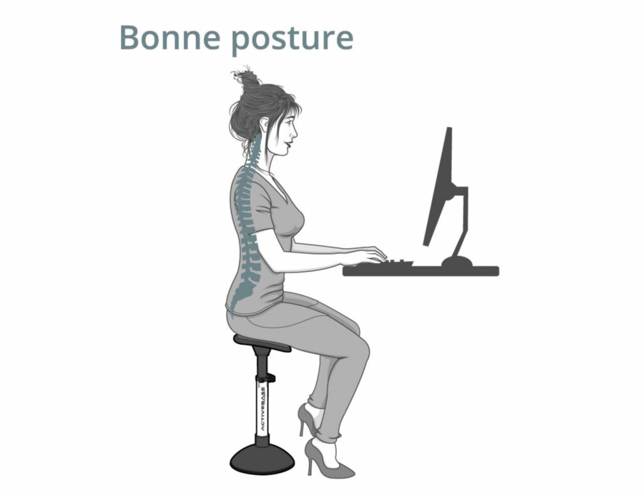Illustration einer guten Körperhaltung mit dem Activebase-Hocker, der aktiv zur Unterstützung der Wirbelsäule beiträgt.